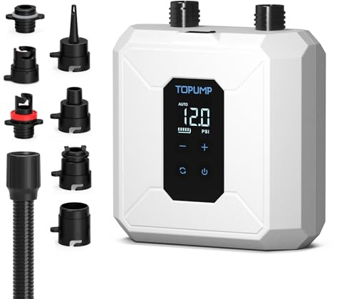 TOPUMP Electric Paddle Board Pump Portable, 20PSI Cordless Rechargeable SUP Pump with Auto-Off, Fast Dual-Stage Inflation & Deflation, 7 Nozzles for Kayaks, Boats, Tents