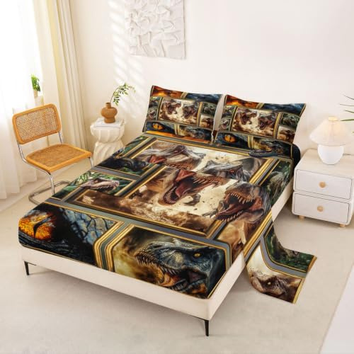 Loussiesd Dinosaurie Sänglakan Set Dubbel Storlek Barn Pojkar Flickor 3D Digitalt Tryck Sängkläder Set Dino Sänglakan Set med 16 tum Djupa Fickor Blå Orange Vit Gul 4 st med 2 Örngott