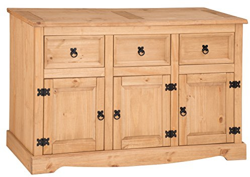 Corona 3 Door 3 Drawer Large Sideboard Wooden Solid Wood Pine Light Fiesta Wax Dresser Hallway Living Room Kitchen Dining Room Bedroom Side Unit Mexcian Style 76cm High 125cm Wide 40cm Deep