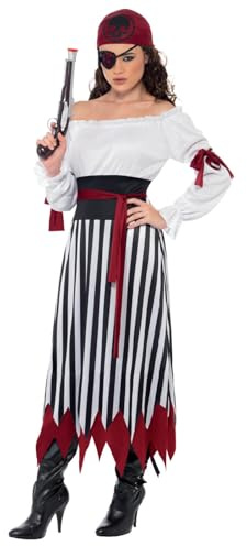 Smiffys Costume da pirata da donna, abito bianco e nero con cravatte, cintura e copricapo, costume per adulti