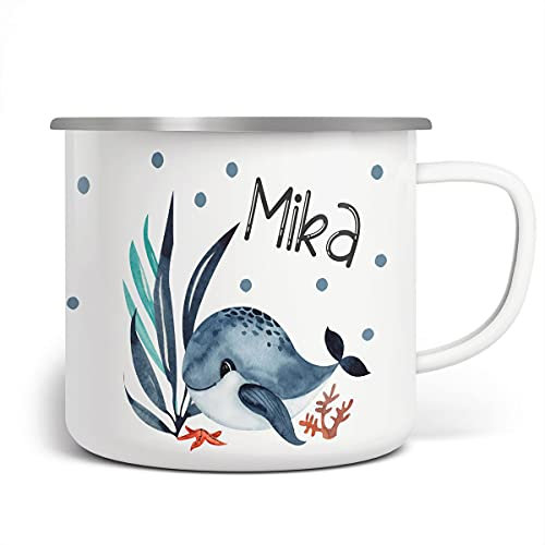 miKalino Emaille Tasse Kinder - Trinkbecher Kinder personalisiert - Emaille Becher mit Meereswasser-Motiv - Kindertasse mit Namen - Kindertasse bedruckt - Emaille Becher Weiß