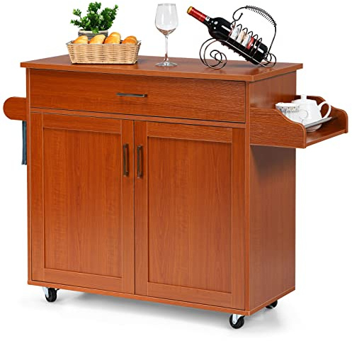 COSTWAY Carrito de Cocina Carro de Servicio Comedor con Ruedas,Toallero,Cajón, Puerta y Estantes Gabinete Mueble de Cocina (café)