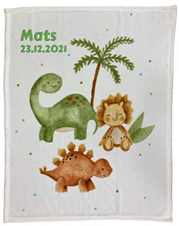 Wolimbo Babydecke mit Namen personalisiert - Motiv Dinos weiß - Besticktes Geschenk für Mädchen und Junge
