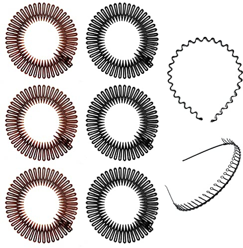 6 Pièces Bandeau Peigne Élastique Avec 2 en Métal, Zigzag Rond en Plastique, Anti-Casse, Flexible, de Sport pour Femmes, Filles