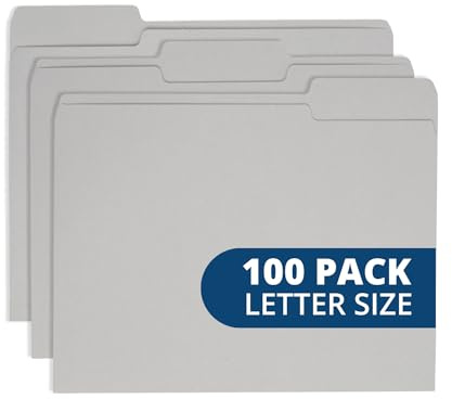 100 Blue Summit Supplies Gray File Folders Letter Size - Durable 11pt Grey Folders, 1/3 Cut 3 Tabs Gray Folders, Holds Letter Size Documents