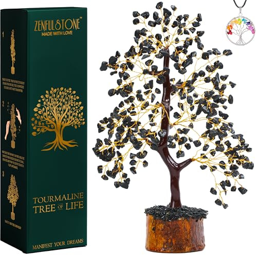 ZENFULSTONE Black Tourmaline Crystal Tree for Protection & Grounding from Negative Energy as Home & Office Decore | Handmade Bonsai for EMF Protection | Perfect Cleansing Energy Gift for Mom & Dad