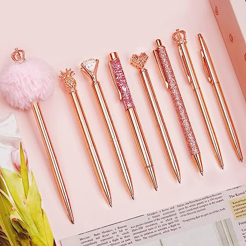 WEMATE 8Pcs Rose Gold Ballpoint Pens Set Ballpoint Pen Bling for Women,Girly Pens,Black & Blue Ink Ball Point Pen Gifts for Wedding Bridesmaid Office
