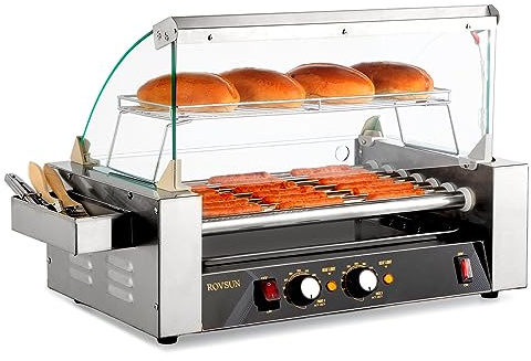 18 Hot Dog 7 Roller 1050W, Hot Dog Roller Grill Cooker Machine w/LED Lighting, Dual Temp Control, Cover, Removable Shelf & Drip Tray for Home Party Commercial ETL Certified