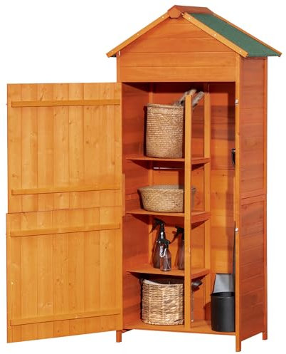 Outsunny Abri de Jardin, abri à Outils, Toit incliné en Bitume, 3 étagères, 2 Portes avec Fermeture à Pression, 84L x 52l x 188H cm, Bois Massif