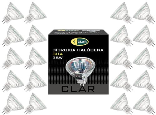 CLAR - Bombilla Halogena,Halogeno GU4, Bombillas 12 Voltios, Bombillas Halogenas, Bombillas 12V, Focos Halógenos, Foco 12V, MR11 35W (Pack 20)