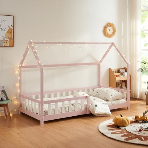 [en.casa] Kinderbett Hesel Hausbett Rosa 90 x 200 cm mit Rausfallschutz und Lattenrost Montessori Bodenbett Jugendbett Holzbett