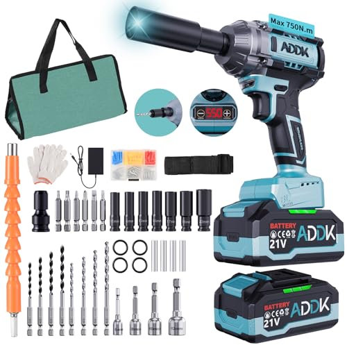 BursDany Clé à chocs sans fil 750N.m, Boulonneuse a Choc Electrique avec batteries 8000 mAh, Moteur Sans Balai, 6 Vitesses 3300 tr/min, Vitesses à Chocs Kit Complet pour Mécanique/Construction/BTP