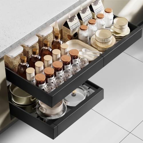 Cozary Cassetti Estraibili Telescopici, Organizer Cucina Cassetti con Adesivo, Larghezza Regolabile (32-55cm A X 42cm P X 7.5cm H), Acciaio al Carbonio, Cassetto Estraibile Cucina per Armadio