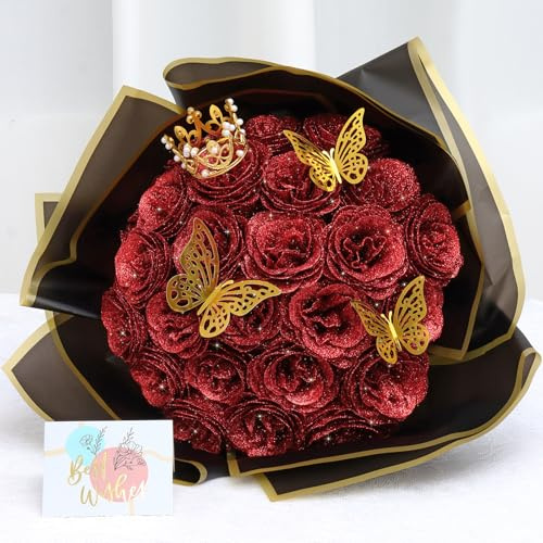 Dremisland 26 PCS Glitter Roses Bouquet DIY Artificial Rose Flowers Bouquet Fake Glitter Red Bouquets with Stems Crown Sparkly Rose Faux Flower for Thanksgiving Anniversary Birthday