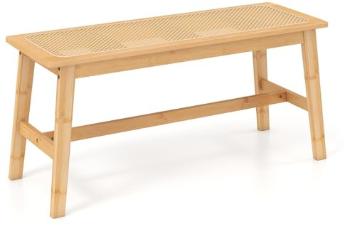 COSTWAY Bamboo Entryway Bench, Farmhouse End Shoe Bench with Handwoven Rattan Seat, Indoor Outdoor Dining Bench Seating Furniture for Hallway Kitchen Living Room Bedroom