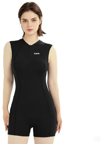 BEACHKINI Traje de Baño para Mujer, Cuello Alto, Monokini Sin Mangas con Shorts,Hilo Negro,M