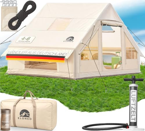 ELONEO Tienda Inflable para 2/4/6/8 Personas con Ventana en el Techo y Bomba de Aire, Tienda Glamping Premium Impermeable, Tienda de Aire, Inflatable Tent, Tienda de Camping, Crema