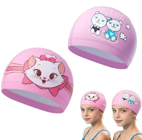 BODZWI Lot de 2 Bonnet de Bain Enfant en Tissu, Piscine Enfant Fille Motif Ours et Chat Rose, Bain Fille Confortable et Élastique pour Cheveux Longs et Courts