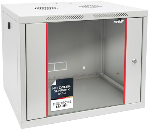 HMF 66409-07 Netzwerkschrank, Serverschrank 19 Zoll | 9 HE | 450 mm Tiefe | Voll montiert | Glastür | Lichtgrau