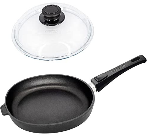 Eurolux Guss-Pfanne Ø 20 cm Induktion Set mit Deckel aus Glas - flacher 5 cm Rand - Alugusspfanne mit abnehmbaren Stiel & Antihaft-Beschichtung - Made in Germany