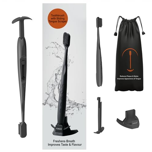 TOKII Tongue Scraper Toothbrush for Adults – Charcoal Soft Bristle Toothbrush with Built-in Tongue Cleaner, Bad Breath Control, Travel Size Toothbrush with Waterproof Pouch (Black, Pack of 1)