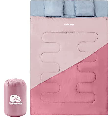 Double Sleeping Bag for Adults Kids - Lightweight 2 Person Sleeping Bag with Pillow, Queen Size Waterproof Camping Sack Two Person for Girls, Boys, Youths, Teens, Compact for Cold Weather & Warm