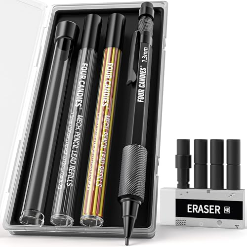 Four Candies Ensemble de porte-mines de 1,3 mm avec 24 recharges de mine, métal résistant aux intempéries, crayon de charpentier pour extérieur, gomme, 6 recharges de gomme à effacer pour architecte,