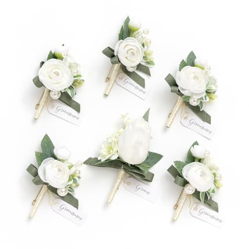 Ling's moment Boutonniere for Men, 6pcs Groom Groomsmen Boutonniere with Built-in Pins, Artificial Flowers for Wedding Decor/Prom/Homecoming, etc.White Ranunculus Pearl