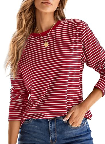 Dokotoo Long Sleeve Shirts for Women Crew Neck Striped Knit Top Comfy Colorblock Basic Tops Business Casual Shirt Women Trendy Spring Clothes for Women 2026 Red Stripe Medium