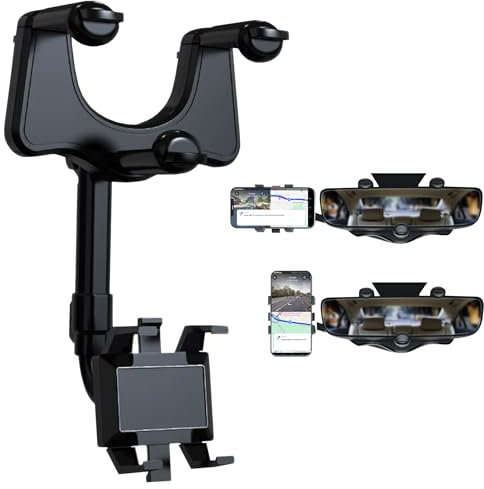 ATEK Car Phone Holder Rearview Mirror Mount 360 Degree Rotatable Retractable Phone Stand with 4 Clip Stable Design Universal Fit for Smartphones GPS Navigation Video Calls