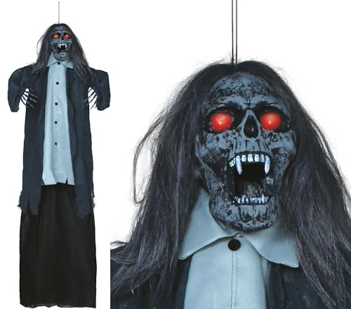 FIESTAS GUIRCA Vampir-Zombie-Anhänger mit Licht, Sound und Bewegung (160 cm), Halloween-Dekoration für Partys und Feiern, ideal für gruselige Umgebungen, Schwarz und Grau