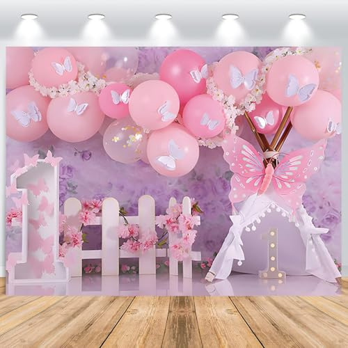 ASDCXZ första födelsedagen fotobakgrund flicka 2,2 x 1,5 m, rosa ballong tält blommor fjäril flicka 1. Födelsedag fotovägg bakgrund prinsessa födelsedag fest tårta bordsdekoration banderoll