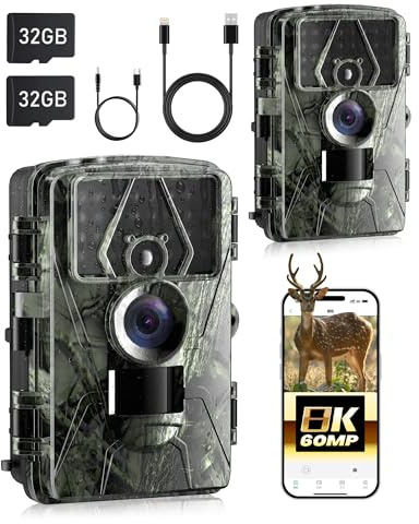 Fototrappola per Animali con Controllo WiFi e APP, Fototrappole per Fauna Selvatica 8K 60MP con Visione Notturna, Grandangolo di 130°, Impermeabile IP66, Foto trappola con Scheda SD da 32GB (set di 2)