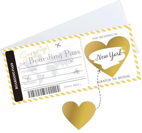 Scratch Card Reveal Surprise Personalised Boarding Pass Scratch Card with Envelope and Heart Scratch Card Stickers Where We Are Going on Holiday Travel Flight Ticket Boarding Pass Surprise Trip(Gold)