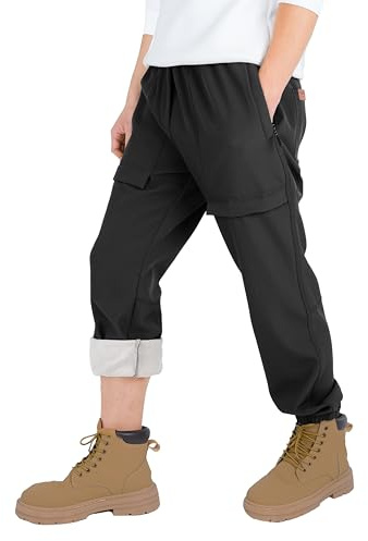 CAMLAKEE Waterproof Thermal Walking Trousers Kids Softshell Pants Boys Hiking Fleece Cargo Bottoms with Adjustable Drawstring Black Fleece UK:13-14 Years (manufacturers's Size: 170)