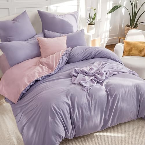 RUIKASI Lavender Double Duvet Set Pink - Reversible Lavender Duvet Cover Double Bedding Set with Zip, Soft Brushed Microfibre Double Bed Set Quilt Cover with 2 Pillowcases