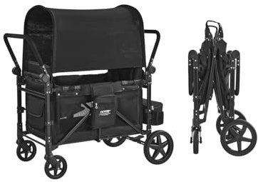 VEVOR Cochecito Plegable para 4 Niños, con Asa Ajustable, Arnés de Seguridad de 5 Puntos y Capota Extraíble, 4 Plazas, para Camping, Negro(Carga de 150 kg), Acero al Carbono, 1650 x 725 x 1250 mm