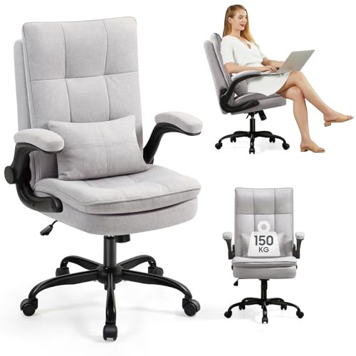 Asukale Bürostuhl Ergonomisch [TESTSIEGER] Schreibtischstuhl | Hochklappbare Armlehne & Hohe Rückenlehne | Höhenverstellbar & Wippfunktion | Chefsessel 150 kg | Office Chair | Bürostühle Stoff, Grau