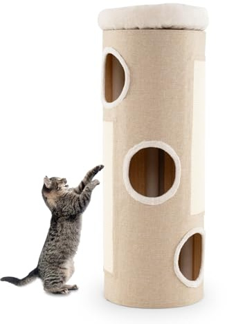 SOARS Tonneau à Gratter pour Chat 113 cm, Tour Arbre à Chat 4 Niveaux avec 3 Grottes, 2 Griffoirs en Sisal, Lit Amovible en Peluche, Niche Intérieure Stable Ø39, Beige