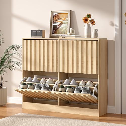 UEV Wide Shoe Cabinet with 4 Flip Drawers – Narrow Shoe Storage Unit for Entryway or Hallway, Modern Wood Slat Doors with Ventilated Design, Holds 16 Pairs, Natural Wood