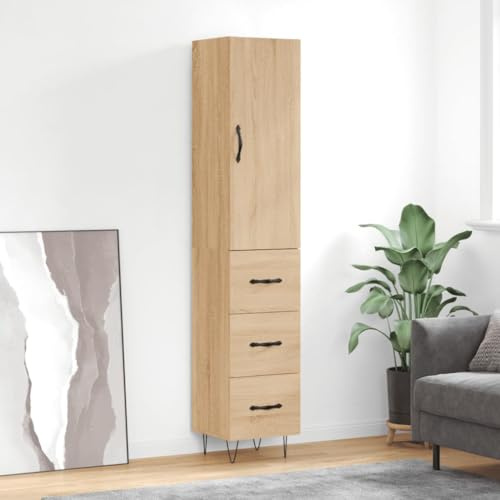 QUAHEAS Highboard Sonoma-ek trämaterial 34,5 x 34 x 180 cm med metallfötter, skänk bufféskåp med förvaringsutrymme, Credenza för matsal, köksbuffé och vardagsrum