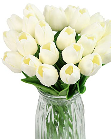 IPOPU Real Touch Tulips 24PCS Artificial Tulips Flowers for Decoration Cream Fake Tulips Floral Arrangements Artificial Faux Tulips Decor for Table Home Decor Baby Shower Centerpieces (Off White)