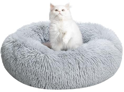 TOHDNC Cat Dog Round Bed, 50cm Cozy Plush Pet Bed Cuddler with Non-Slip Bottom For Small Medium Pets Calming Bed Nest (Light Grey)
