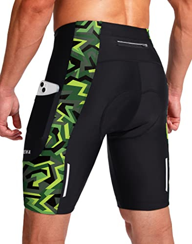 Men's Bike Shorts 3D Padded Cycling Road Biking Underwear Mountain Riding Biker Bicycle UPF 50+ Cycle Shorts Zipper Pockets(Black/Green Polygon,XL)