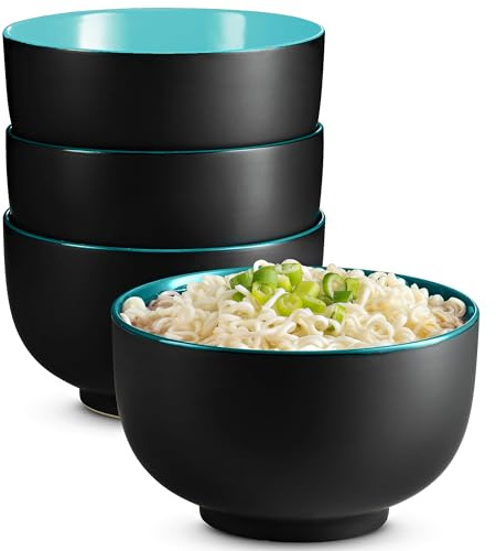 KooK Ramen Bowl, Japanese Bowls, Noodle Bowls, Large Soup Bowl, Ceramic, Large Capacity, For Ramen, Pho, Udon, Soba, Microwave and Dishwasher Safe, 34 oz, Set of 4 (Black/Teal)