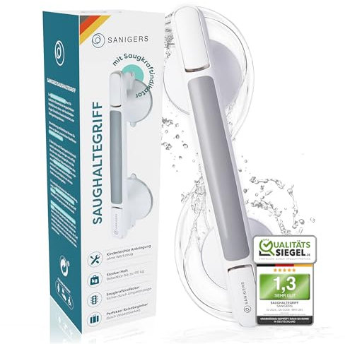 SANIGERS® Haltegriff mit Saugnapf - Extra starker Halt 110 KG - Haltegriff Dusche ohne Bohren, Haltegriffe für Senioren, Badewannengriff ohne Bohren, Duschgriff mit Saugnapf, Sauggriff Bad