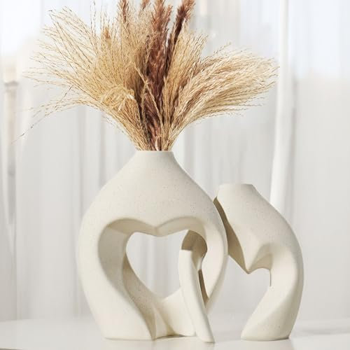 Dnnnii Ceramic Vase Set of 2 for Modern Home Decor, Boho Round Centerpiece for Dining Room Table,Heart-shaped Vases for Flowers,Living Room Table Decor with Pampas Grass Vases & Nordic Aesthetic Touch