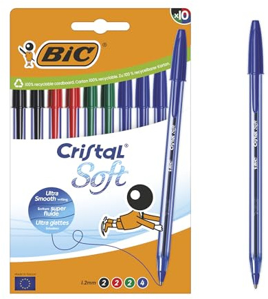 BIC Cristal Soft Stylos-Bille Pointe Moyenne (1,2 mm) - Écriture Douce et Fluide - Couleurs Assorties, Boîte carton de 10