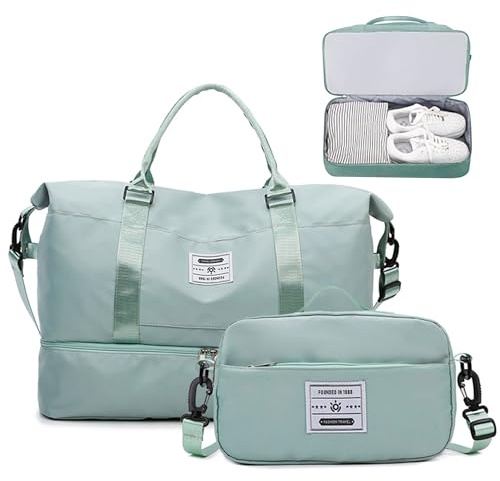 JXCTNNU Bolsas de Viaje Bolsas de Deporte Bolsa de Gimnasio Impermeable Bolsa de Mano Equipaje Fin de Semana con Bolsa Húmeda y Zapatero para Hombre Mujer (Verde Claro)