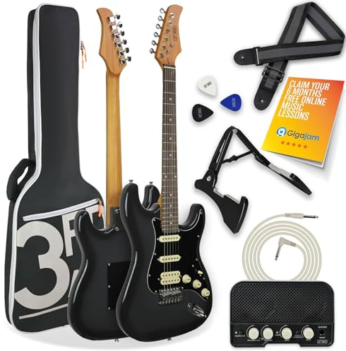 3rd Avenue Stateside full storlek 4/4 elgitarr Ultimate Kit med 5 W Amp, kabel, stativ, vadderad spelväska, rem, plektrum, GRATIS LESSONS – Rushmore Grey